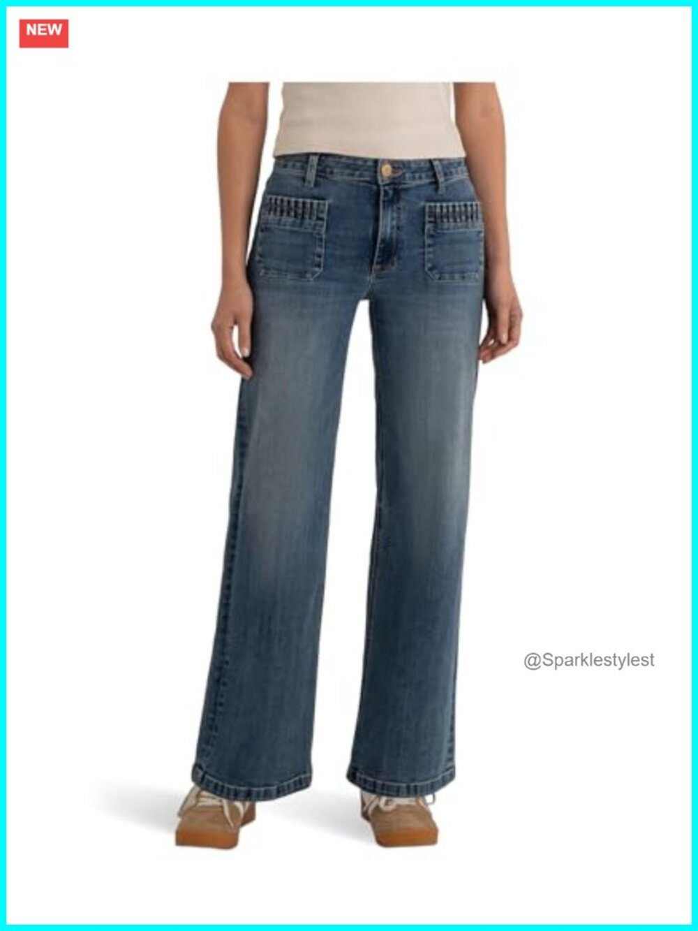 High-Rise Wide Leg Jeans Patch Pockets Ruching Cotton Relaxed Fit